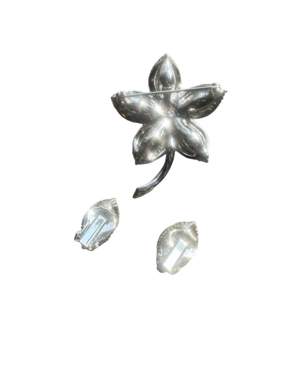 Vintage Rhinestone Flower Brooch & Matching Clip-On Earrings Set Silver-Tone
